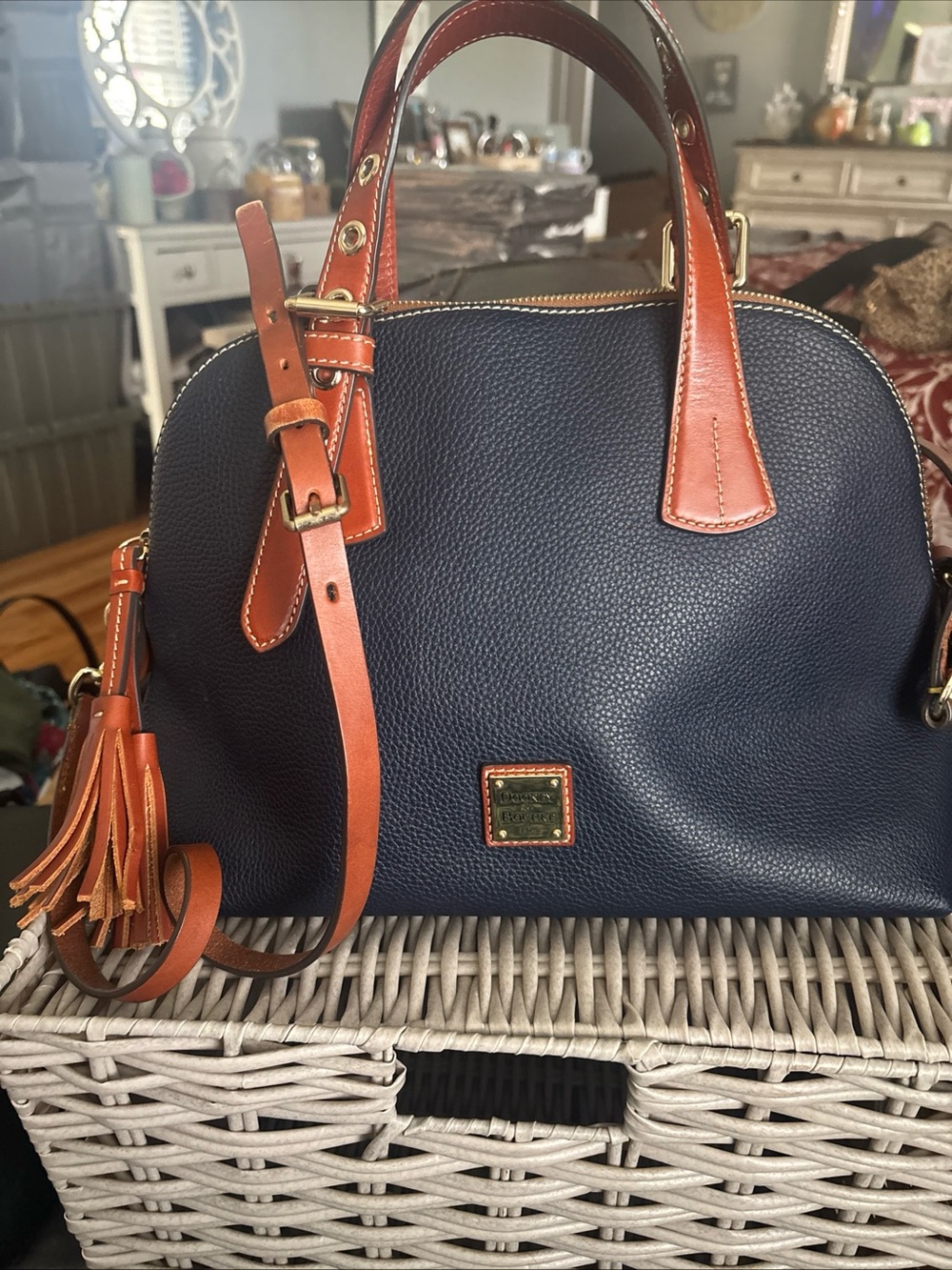 Dooney & Bourke Navy Pebbled Leather Satchel with Tan Trim and Tassel
